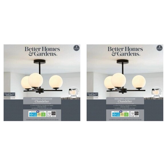 2 Better Homes & Gardens Three Globe Ceiling Light Black 3 Frosted Glass Shades - Picture 1 of 2